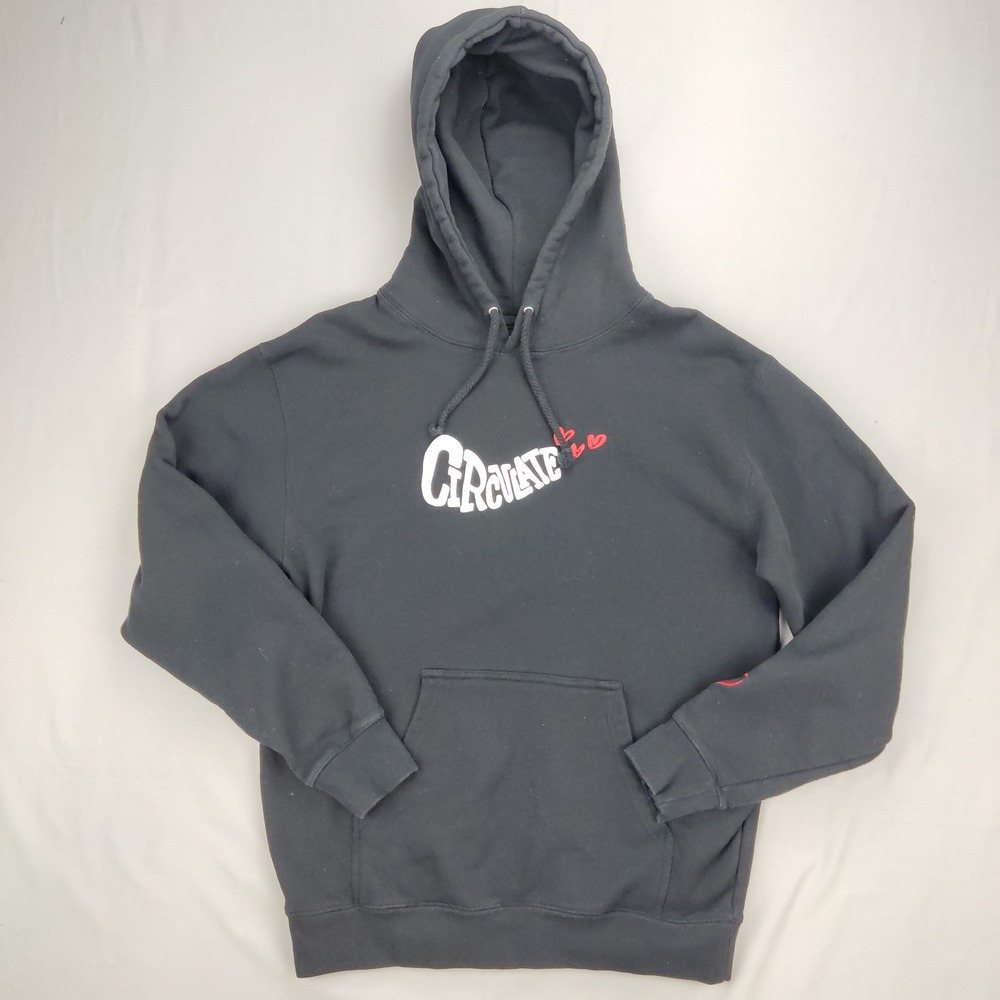 Circulate Hoodie Mens Medium Black Graphic Logo Heart Peace Streetwear Pullover